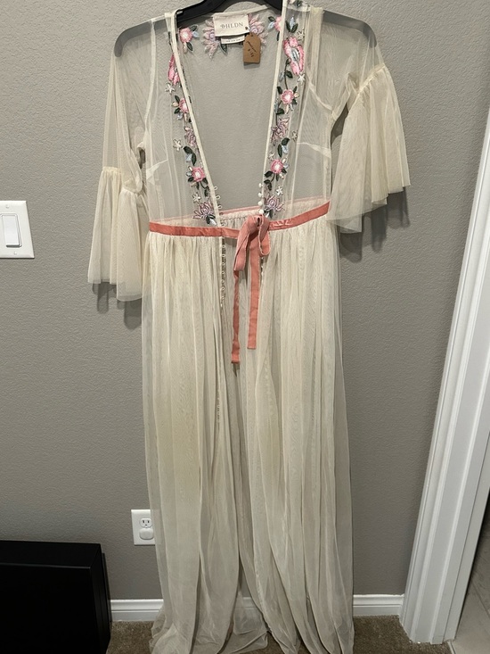 BHLDN Jackets & Blazers - BHLDN Ivory Sheer Floral Embroidered Mesh Robe with Pink Accents